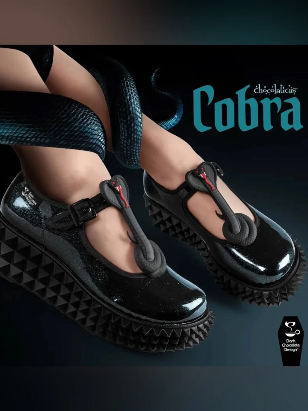 Choclaticas Black Cobra Patent Platform Mary Janes with Geometric Stud Sole